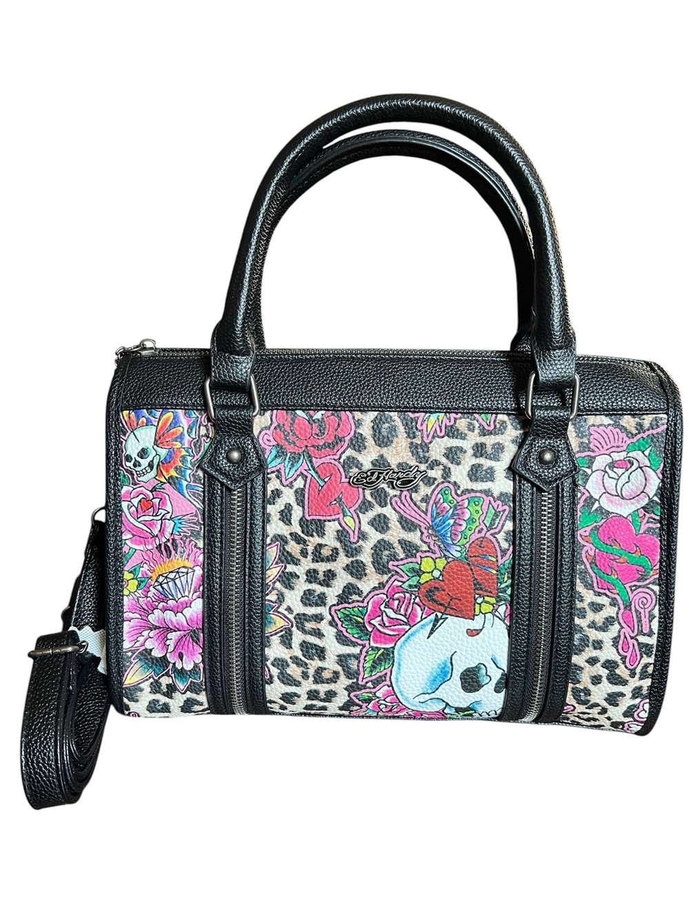 Ed Hardy Black Leopard Print Floral Skull Satchel - Black